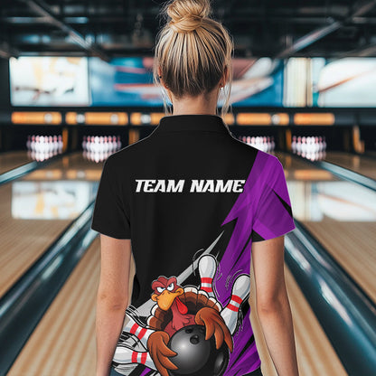Black And Purple Custom Funny Turkey Thanksgiving Bowling Team Quarter-Zip Shirts For Women IPHW8877