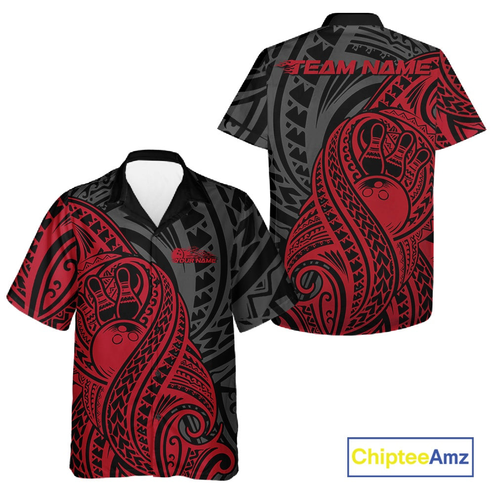 Custom Black And Red Maori Style Koru Spiral Tribal Men And Women Bowling Hawaiian Team Shirt IPHW10950