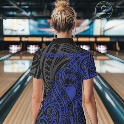 Custom Black And Blue Maori Style Koru Spiral Tribal Women Bowling Quarter-Zip Shirt IPHW10952