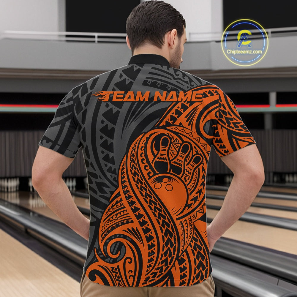 Custom Black And Orange Maori Style Koru Spiral Tribal Men Bowling Quarter-Zip Team Shirt IPHW10954