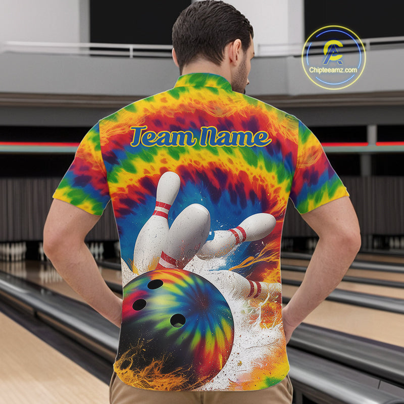 Custom Colorful Tie Dye Bowling Quarter-Zip Shirts For Men, Rainbow Bowling Outfit IPHW9114