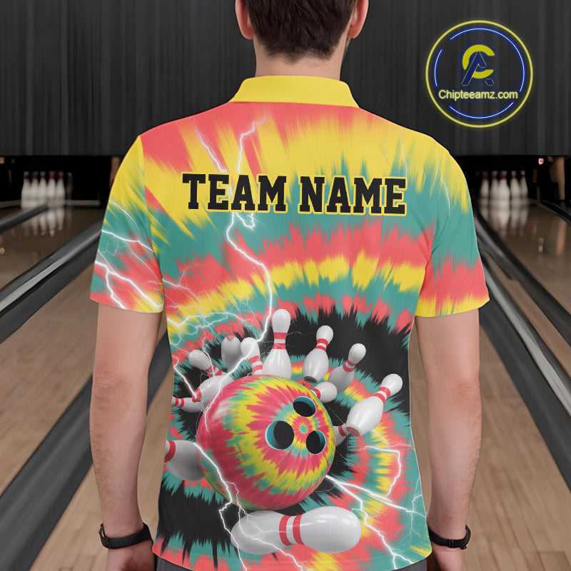 Custom Colorful Tie Dye Bowling Polo Shirts For Men, Rainbow Bowling Outfit IPHW9115