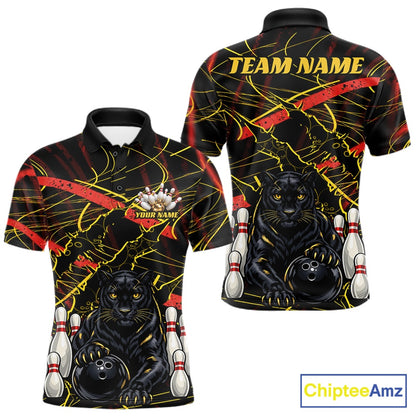 Front and back views of a custom short-sleeve polo shirt featuring a black panther holding a bowling ball with bowling pins and red and yellow paint splatters on a black background. The back view has 'TEAM NAME' printed in yellow at the collar.