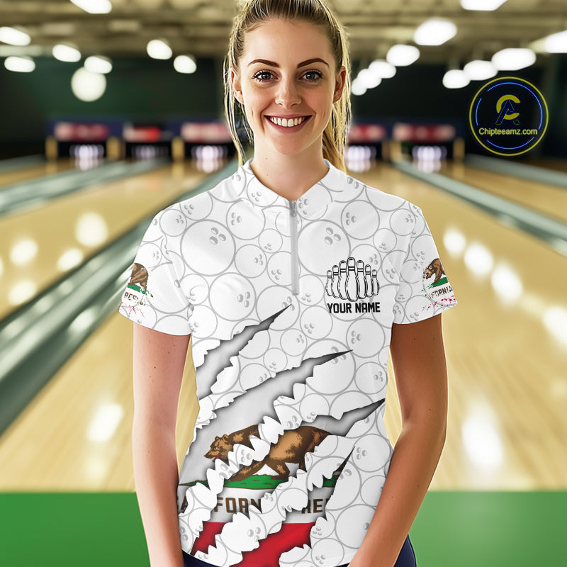 Custom California Flag Bowling Team Women Quarter-Zip Shirt, CA Bowling League Shirt IPHW9836