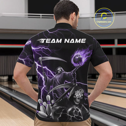 Custom Purple Lightning Grim Reaper Skull Bowling Men Quarter-Zip Shirt, Halloween Outfit IPHW9849