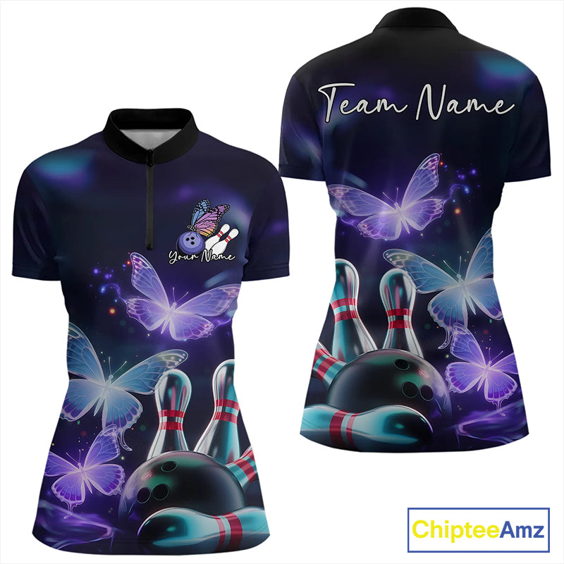 Custom Butterfly Bowling Quarter-Zip Shirts For Women, Bowling Team Shirt With Butterflies IPHW8147