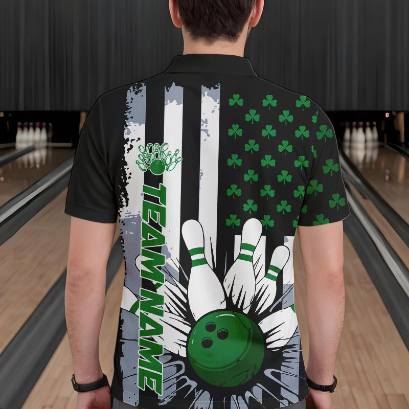 Custom Saint Patricks Bowling Polo Shirts For Men, Shamrock Flag US Bowling Team Shirt IPHW8575