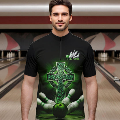 Custom Celtic Cross Faith Bowling Quarter-Zip Team Shirts For Men, Bowlers Outfits IPHW8577