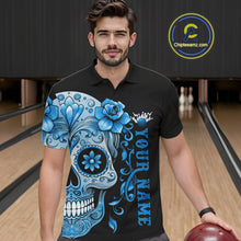 Load image into Gallery viewer, Blue Sugar Skull Tattoo Custom Men Bowling Polo Shirt, Halloween Team Bowling Jerseys IPHW10723