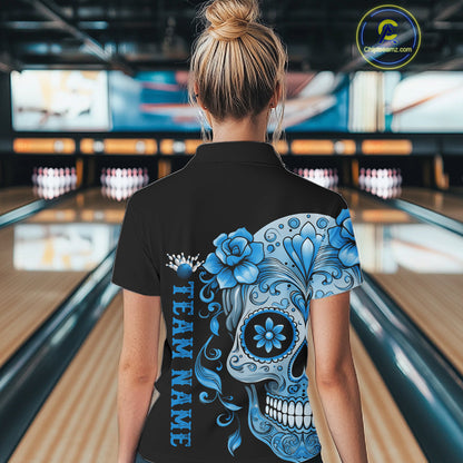 Blue Sugar Skull Tattoo Custom Women Bowling Polo Shirt, Halloween Team Bowling Jerseys IPHW10723