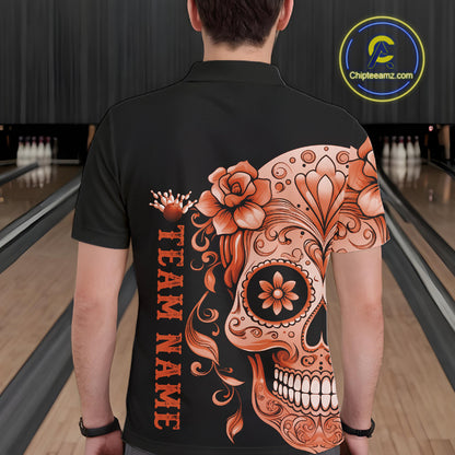 Orange Sugar Skull Tattoo Custom Men Bowling Polo Shirt, Halloween Team Bowling Jerseys IPHW10724