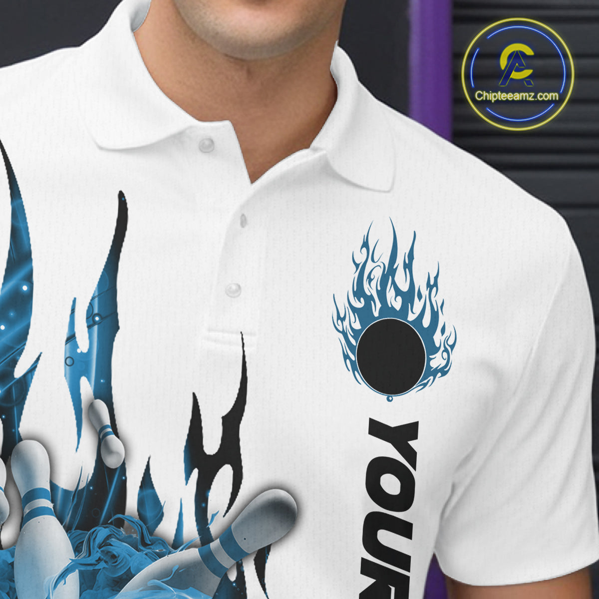 Custom Blue Flame Bowling Team Jerseys, Bowling League Polo Shirt For Men IPHW10725