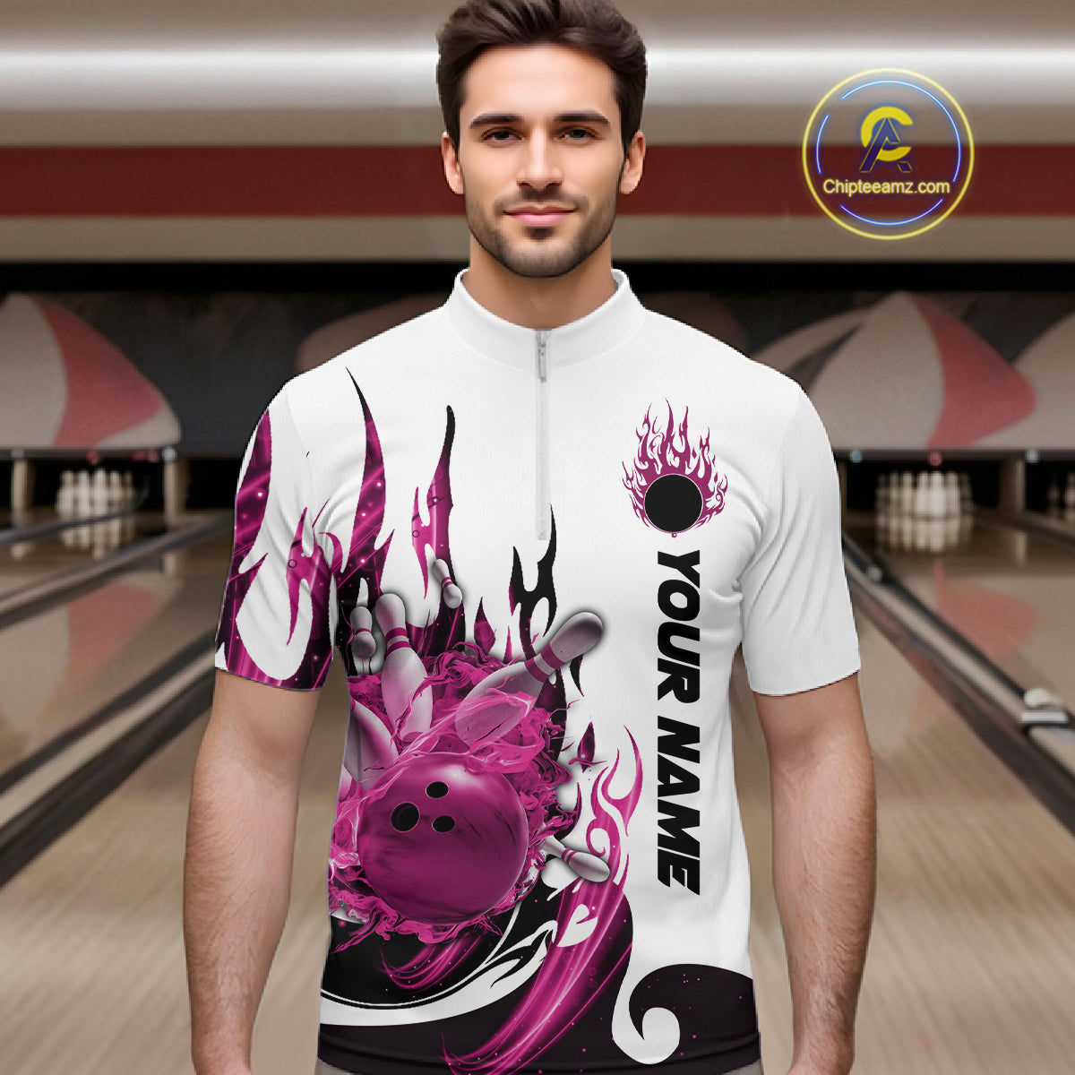 Custom Pink Flame Bowling Team Jerseys, Bowling League Quarter-Zip Shirt For Men IPHW10726