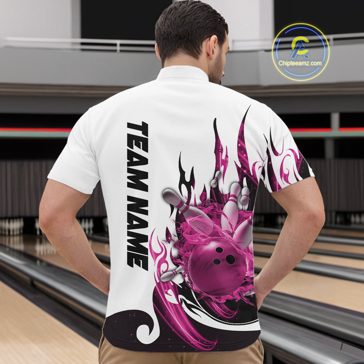 Custom Pink Flame Bowling Team Jerseys, Bowling League Quarter-Zip Shirt For Men IPHW10726