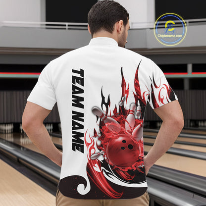 Custom Red Flame Bowling Team Jerseys, Bowling League Quarter-Zip Shirt For Men IPHW10727