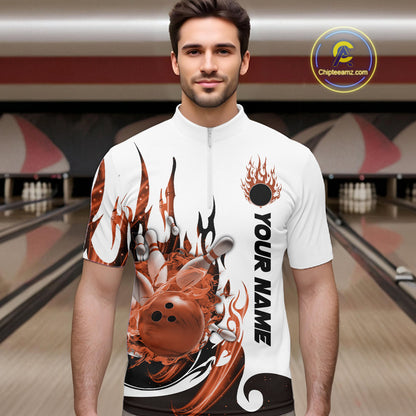 Custom Orange Flame Bowling Team Jerseys, Bowling League Quarter-Zip Shirt For Men IPHW10729