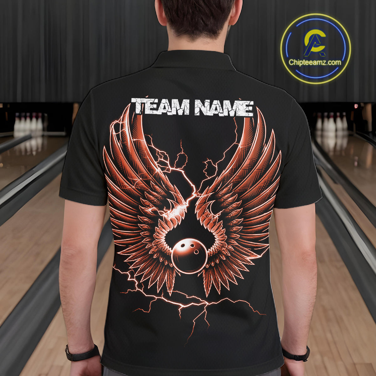 Custom Orange Lightning Bowling Ball With Wings Bowling Men Team Shirt, Bowling Jerseys IPHW10733