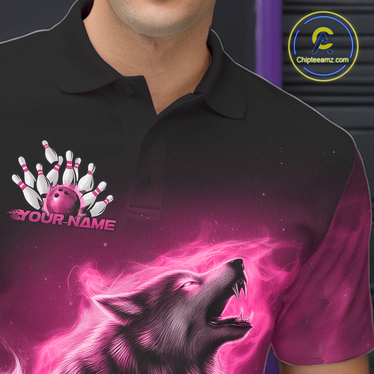 Pink Flame Wolf Custom Bowling Team Shirt For Men, Fire Wolf Bowling Jerseys IPHW10734