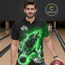Load image into Gallery viewer, Green Flame Wolf Custom Bowling Team Shirt For Men, Fire Wolf Bowling Jerseys IPHW10736