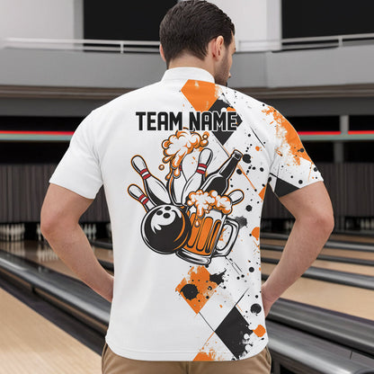 Orange Argyle Pattern Custom Funny Bowling And Beer Team Quarter-Zip Shirts For Men IPHW8890