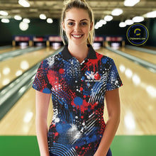 Load image into Gallery viewer, Smiling woman wearing a custom red, white, and blue patriotic eagle bowling shirt inside a bowling alley