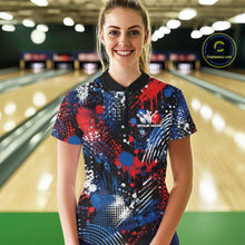 Load image into Gallery viewer, A woman stands in a bowling alley wearing a custom short-sleeve quarter zip with red, blue, white, and black paint-splatter graphic