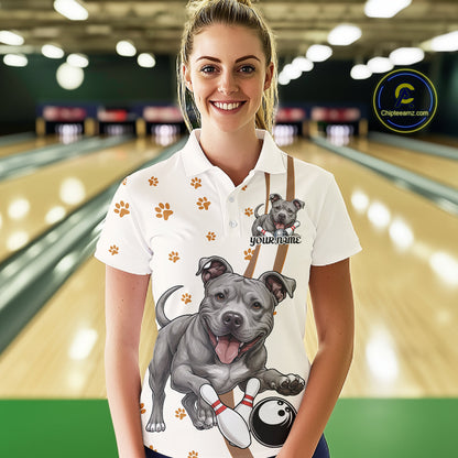 Custom Funny Pitbull Dog Bowling Women Polo Shirts, Dog Paw Print Bowler Outfit IPHW10249