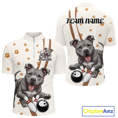 Custom Funny Pitbull Dog Bowling Men Quarter-Zip Shirts, Dog Paw Print Bowler Outfit IPHW10249