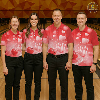 Custom Red Valentine Bowling Couple Shirts, Red Heart Theme Bowling Jerseys With His Name And Her Name IPHW10465