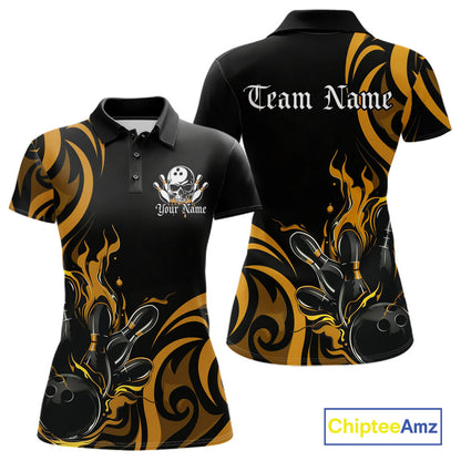 Custom Black And Yellow Tribal Flame Bowling Women Shirt, Bowling League Shirt Team Jerseys IPHW10739