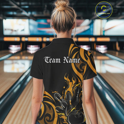 Custom Black And Yellow Tribal Flame Bowling Women Shirt, Bowling League Team Jerseys IPHW10739