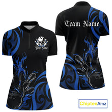 Load image into Gallery viewer, Custom Black And Blue Tribal Flame Bowling Women Shirt, Bowling League Team Jerseys IPHW10740