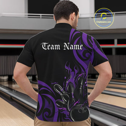 Custom Black And Purple Tribal Flame Bowling Men Shirt, Bowling League Shirt Team Jerseys IPHW10741