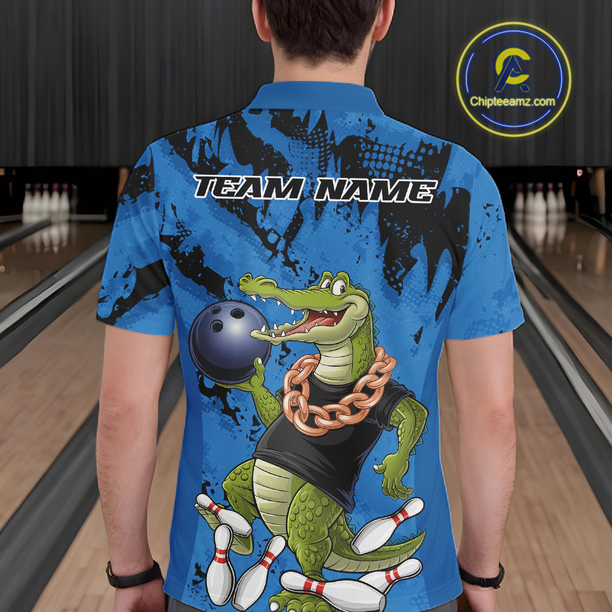 Blue Custom Funny Alligator Bowling Men Polo Shirt, Bowling Team Jerseys Bowler Outfit IPHW10773