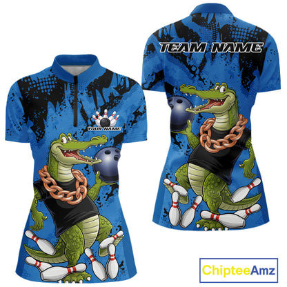 Blue Custom Funny Alligator Bowling Women Shirt, Bowling Team Jerseys Bowler Outfit IPHW10773