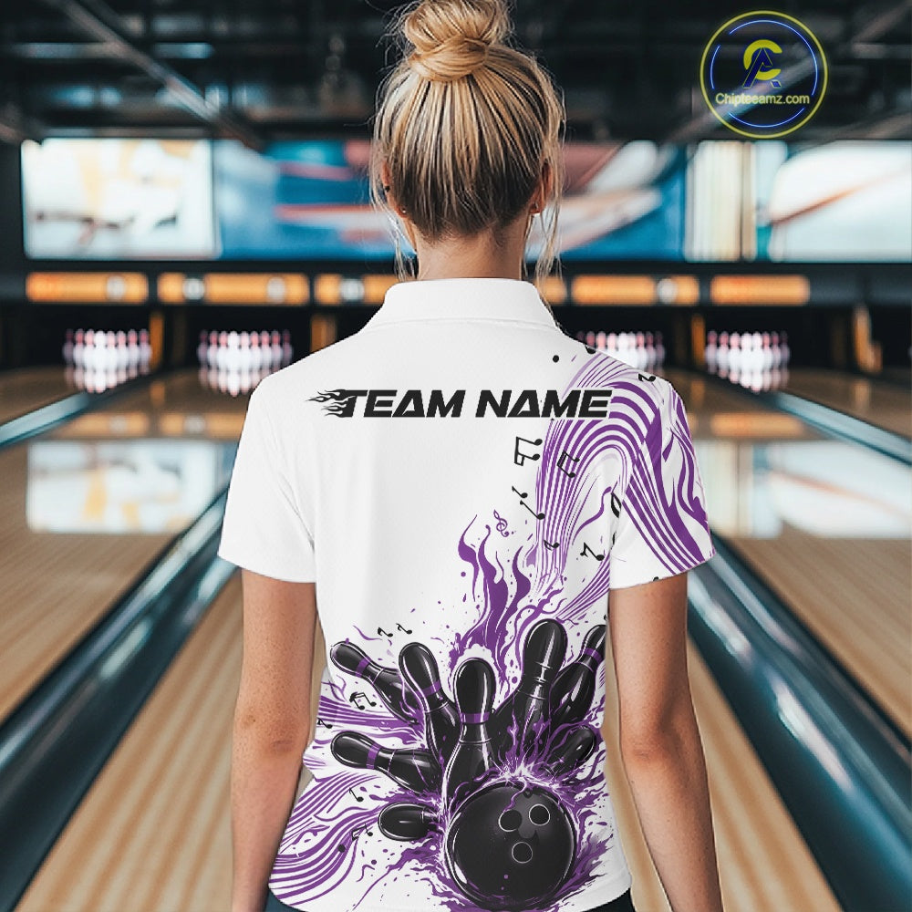 Back view of a female model in a white and purple bowling quarter-zip shirt featuring bowling strike graphics and music note details.