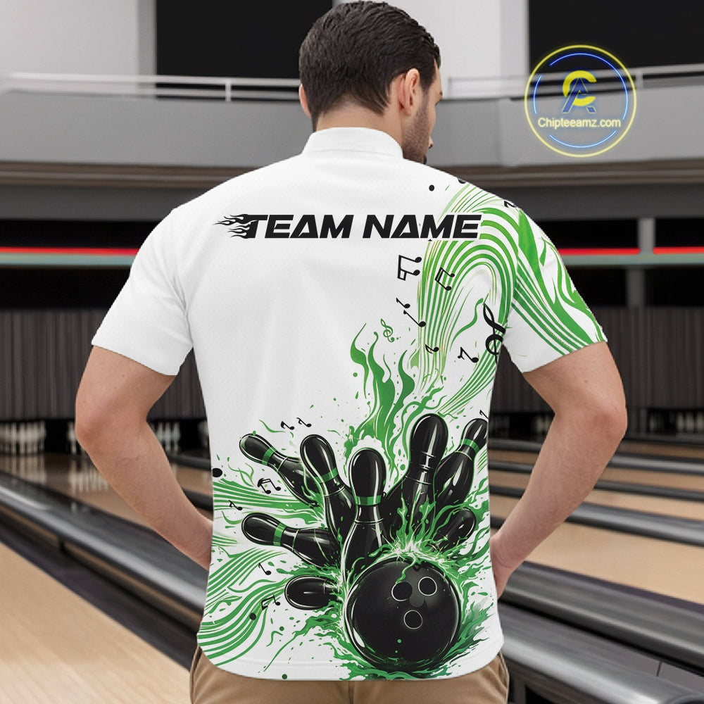 Front view of a male model in a white and green bowling quarter-zip shirt showcasing music-inspired bowling graphics.