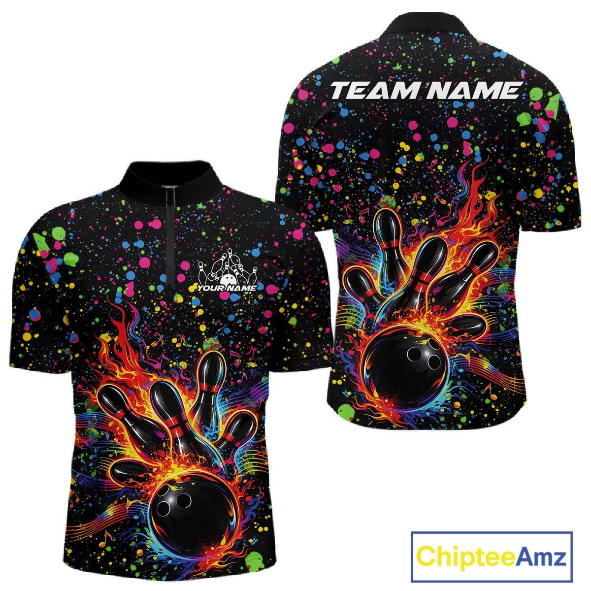 Front and back views of a black mens bowling quarter-zip shirt with a flaming bowling ball striking pins and colorful paint splatter graphics.