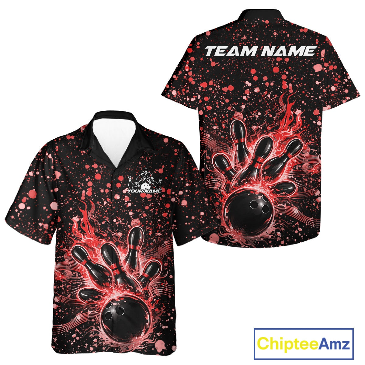 Front and back views of a black button-up bowling shirt displaying flaming bowling ball graphics with red paint splatter accents.