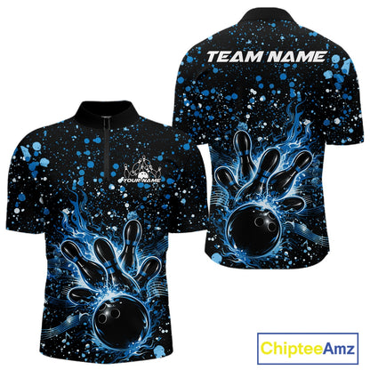 Front and back views of a black mens bowling quarter-zip shirt showcasing a flaming bowling ball striking pins with blue paint splatter graphics.