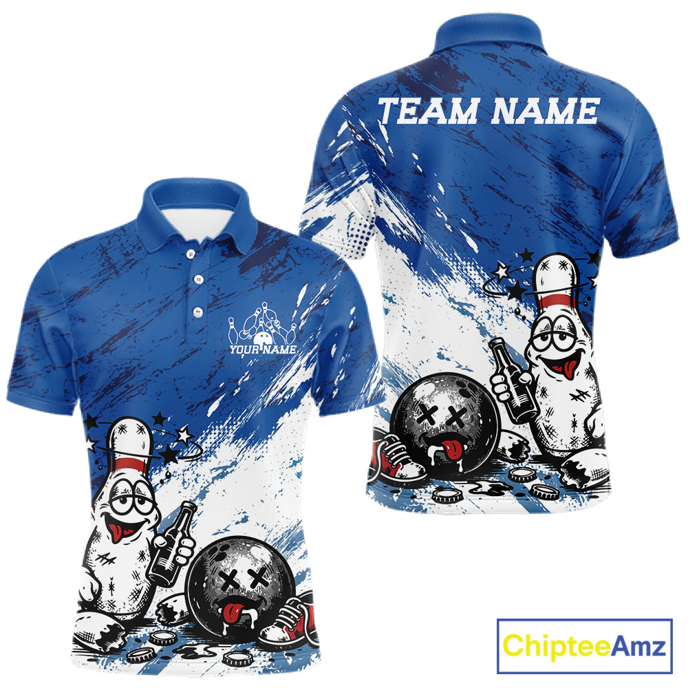 Royal blue personalized bowling polo featuring funny drunk pin and ball cartoon graphic