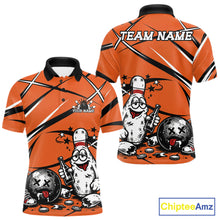 Load image into Gallery viewer, Orange polo shirt with funny drunk bowling ball and pins cartoon design