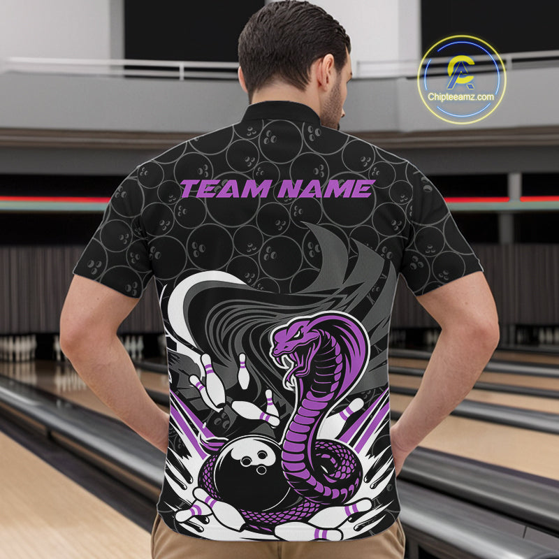 Custom Black And Purple Cobra Snake Bowling Quarter-Zip Shirts For Men, Cobra Bowling Team Shirt IPHW9700