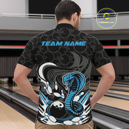 Custom Black And Blue Cobra Snake Bowling Quarter-Zip Shirts For Men, Cobra Bowling Team Shirt IPHW9702