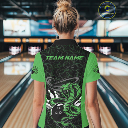 Custom Green Cobra Snake Bowling Team Women Polo Shirts, Bowling Pattern Shirt IPHW9704