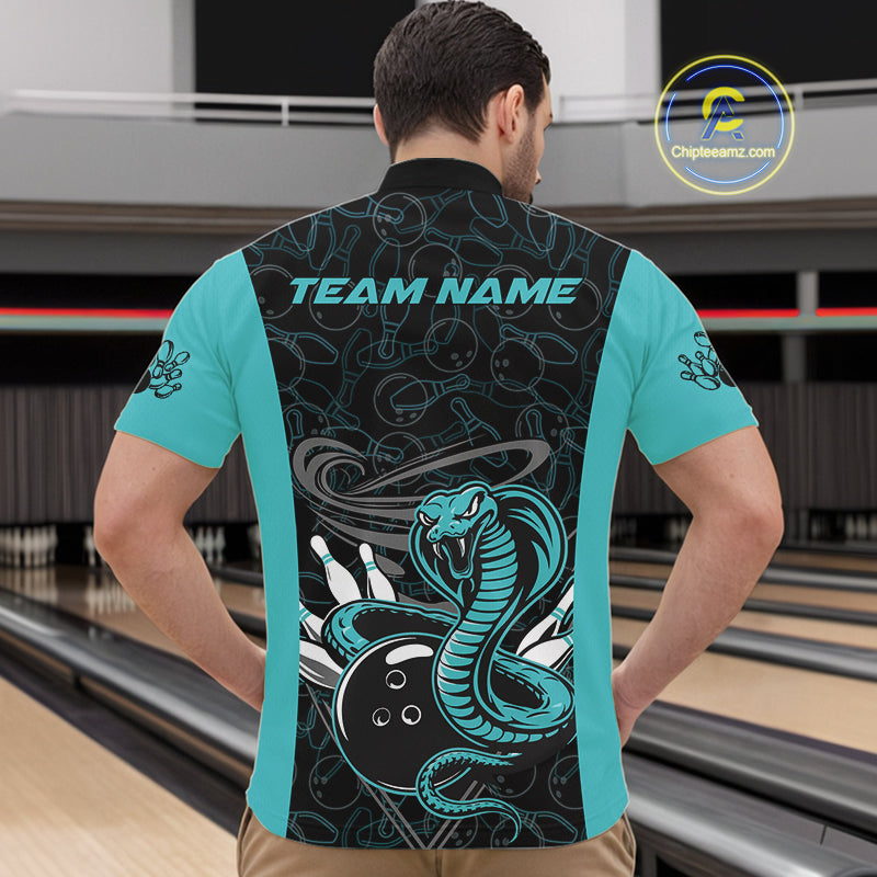 Custom Blue Cobra Snake Bowling Team Men Quarter-Zip Shirts, Bowling Pattern Shirt IPHW9706