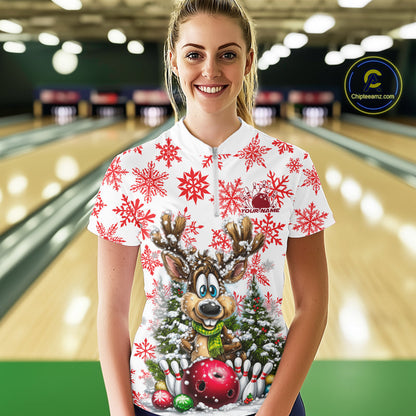 Custom Cute Funny Reindeer Christmas Bowling Women Quarter-Zip Shirt, Xmas Bowling Shirt IPHW10113
