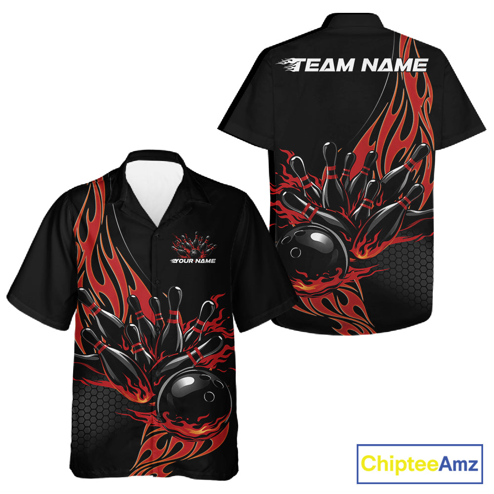Front and back view of a black button-up bowling shirt mockup showcasing red flaming black bowling ball striking pins dynamic sports visuals.