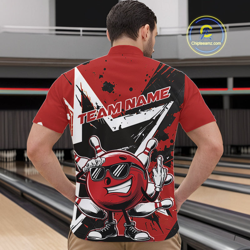 Custom Black And Red Star Funny Bowling Quarter-Zip Shirts For Men, Bowling Tournament Shirt IPHW9358