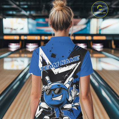 Custom Black And Blue Star Funny Bowling Polo Shirts For Women, Bowling Tournament Shirt IPHW9359